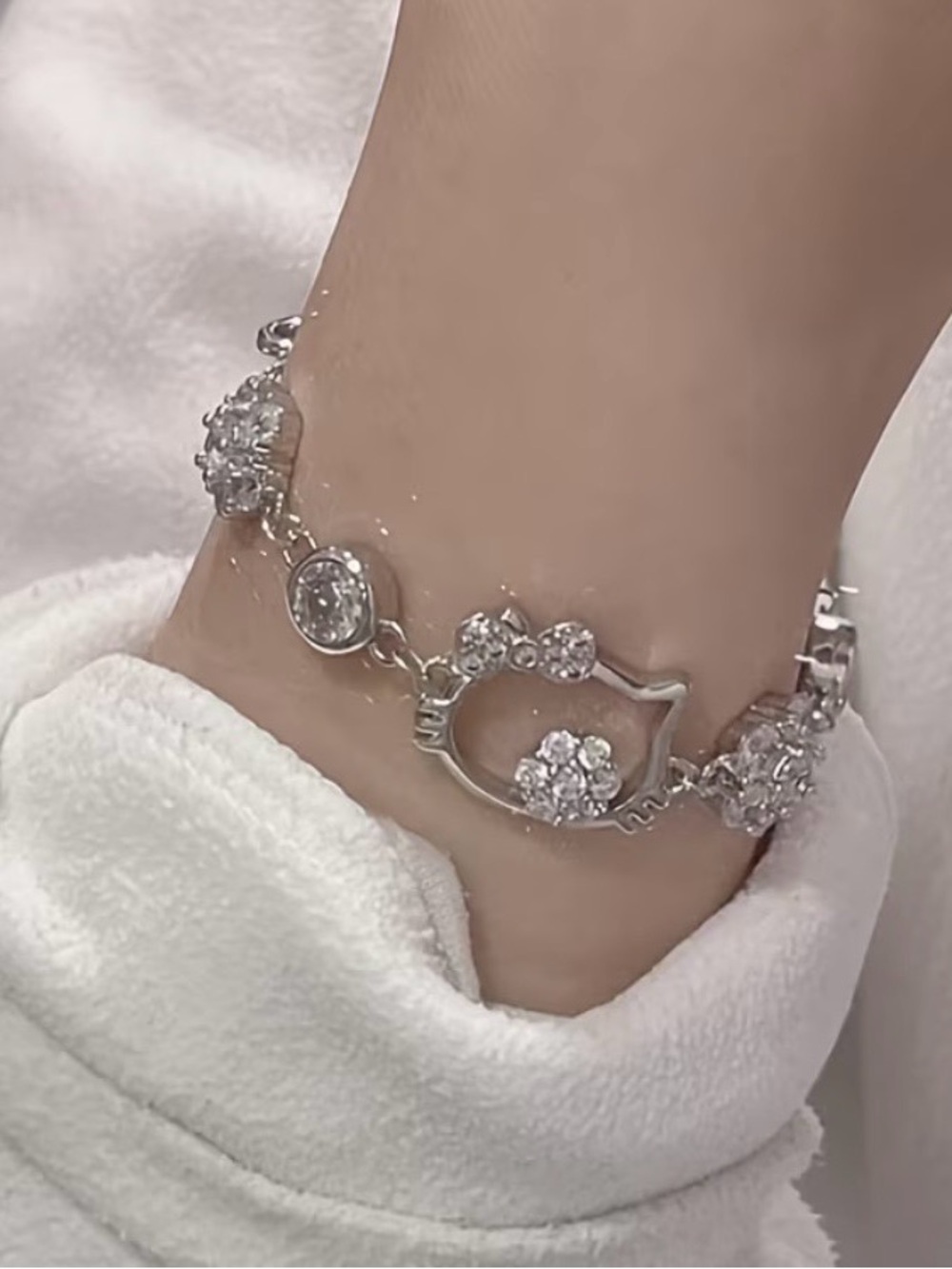 Hello Kitty Silver Tone Charm Bracelet with Sparkling Crystal Accents